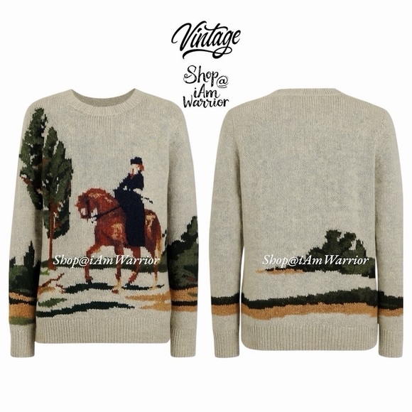 RARE vintage intarsia equestrian hunter with dog motif crewneck crewneck sweater - Picture 7 of 14